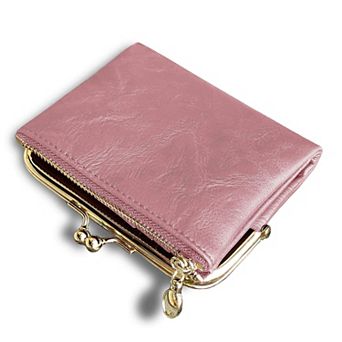 Womens Small RFID Bifold Leather Wallet Vintage Kiss Lock Zipper