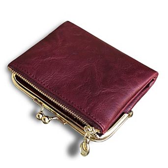 Womens Small RFID Bifold Leather Wallet Vintage Kiss Lock Zipper