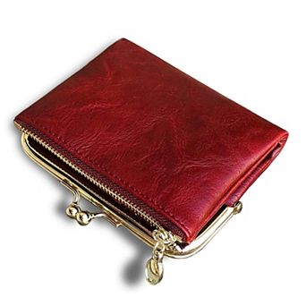 Womens Small RFID Bifold Leather Wallet Vintage Kiss Lock Zipper