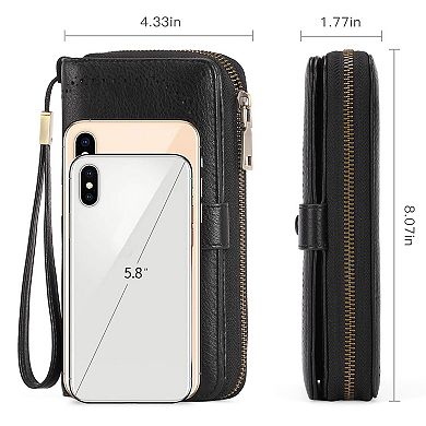 Leather Credit Card Holder RFID Blocking Large Capacity Bifold Wristlet Wallet