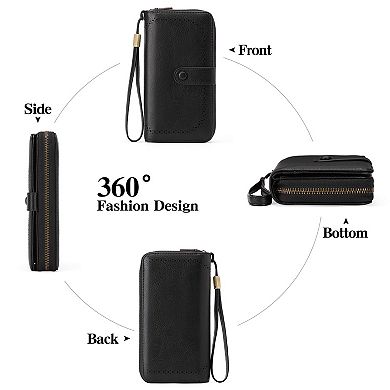 Leather Credit Card Holder RFID Blocking Large Capacity Bifold Wristlet Wallet