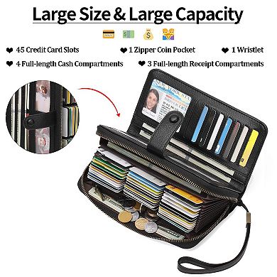Leather Credit Card Holder RFID Blocking Large Capacity Bifold Wristlet Wallet