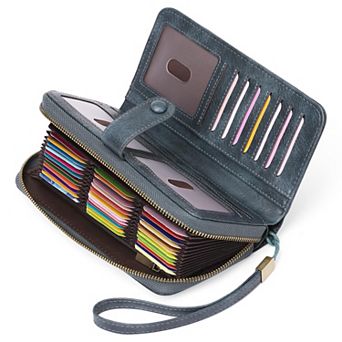 Leather Credit Card Holder RFID Blocking Large Capacity Bifold Wristlet Wallet