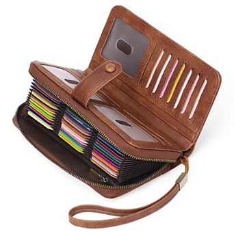 Leather Credit Card Holder RFID Blocking Large Capacity Bifold Wristlet Wallet