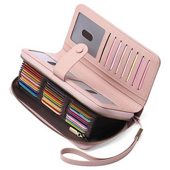 Leather Credit Card Holder RFID Blocking Large Capacity Bifold Wristlet Wallet