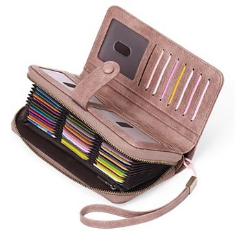 Leather Credit Card Holder RFID Blocking Large Capacity Bifold Wristlet Wallet