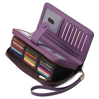 Leather Credit Card Holder RFID Blocking Large Capacity Bifold Wristlet Wallet