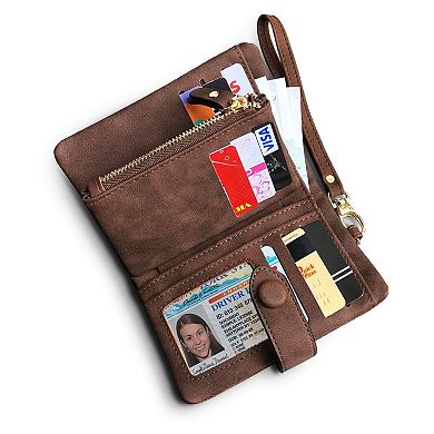 RFID Soft Leather Trifold Wristlet Wallet Women 16 Card Slots Bill Compartment Coin Pocket