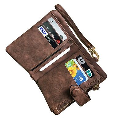 RFID Soft Leather Trifold Wristlet Wallet Women 16 Card Slots Bill Compartment Coin Pocket
