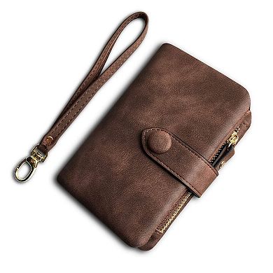 RFID Soft Leather Trifold Wristlet Wallet Women 16 Card Slots Bill Compartment Coin Pocket