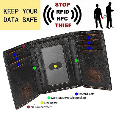 Full Grain Leather Trifold Wallet RFID Blocking 8 Card Slots ID Window