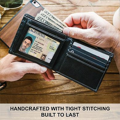 Top Grain Leather RFID Blocking Bifold Wallet for Men 8 Card Slots 2 ID Windows Slim Billfold