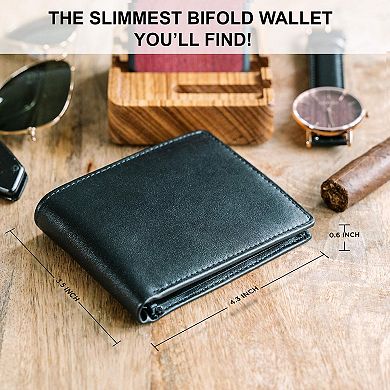 Top Grain Leather RFID Blocking Bifold Wallet for Men 8 Card Slots 2 ID Windows Slim Billfold