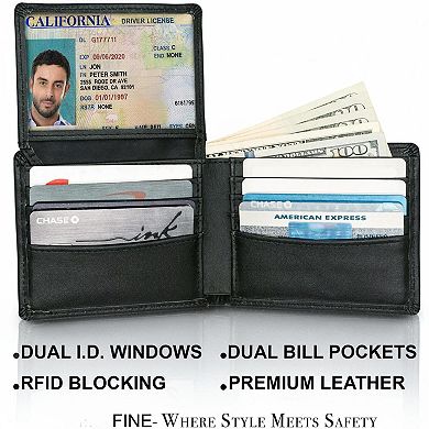 Top Grain Leather RFID Blocking Bifold Wallet for Men 8 Card Slots 2 ID Windows Slim Billfold