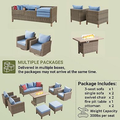 8 Piece Outdoor Patio Conversation Set with 55,000 BTU Fire Pit Table & 360° Swivel Rocking Chair