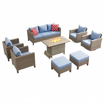 8 pc Outdoor Patio Conversation Set with 55,000 BTU Fire Pit Table & 360° Swivel Rocking Chair