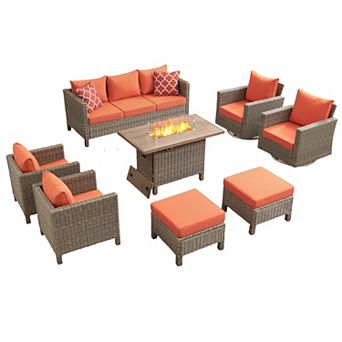 8 pc Outdoor Patio Conversation Set with 55,000 BTU Fire Pit Table & 360° Swivel Rocking Chair