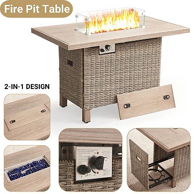 9 Piece Outdoor Wicker Patio Conversation Set with 55,000 BTU Fire Pit Table & Swivel Rocking Chair