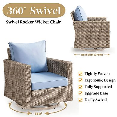9 Piece Outdoor Wicker Patio Conversation Set with 55,000 BTU Fire Pit Table & Swivel Rocking Chair