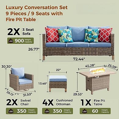 9 Piece Outdoor Wicker Patio Conversation Set with 55,000 BTU Fire Pit Table & Swivel Rocking Chair