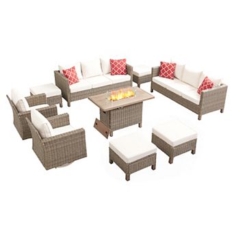 9 pc Outdoor Wicker Patio Conversation Set with 55,000 BTU Fire Pit Table & Swivel Rocking Chair