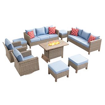 9 pc Outdoor Wicker Patio Conversation Set with 55,000 BTU Fire Pit Table & Swivel Rocking Chair