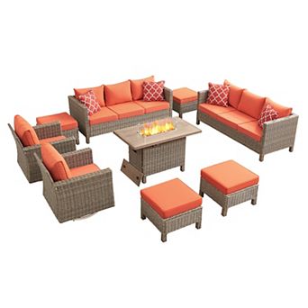 9 pc Outdoor Wicker Patio Conversation Set with 55,000 BTU Fire Pit Table & Swivel Rocking Chair