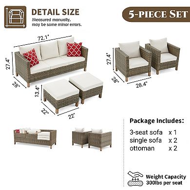 5-Piece Outdoor Patio Conversation Set with Cushions, Sofa, Chairs & Ottomans, Seats upto 7