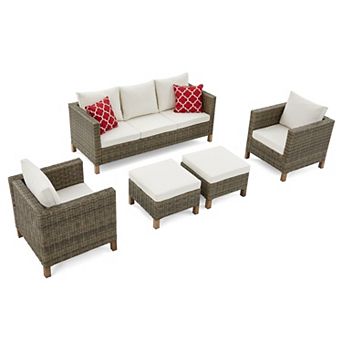 5 pc Outdoor Patio Conversation Set with Cushions, Sofa, Chairs & Ottomans, Seats upto 7