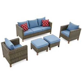 5 pc Outdoor Patio Conversation Set with Cushions, Sofa, Chairs & Ottomans, Seats upto 7
