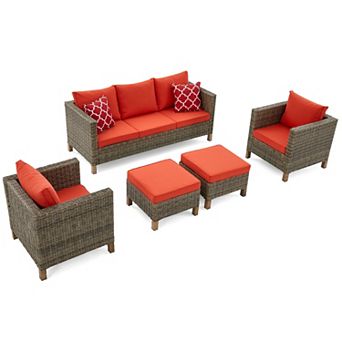 5 pc Outdoor Patio Conversation Set with Cushions, Sofa, Chairs & Ottomans, Seats upto 7