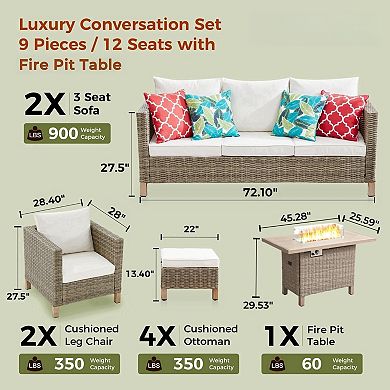 9 Piece Outdoor Patio Conversation Set with 55,000 BTU Fire Pit Table