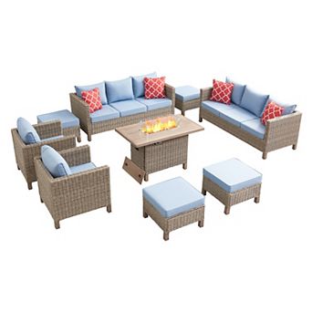 9 pc Outdoor Patio Conversation Set with 55,000 BTU Fire Pit Table