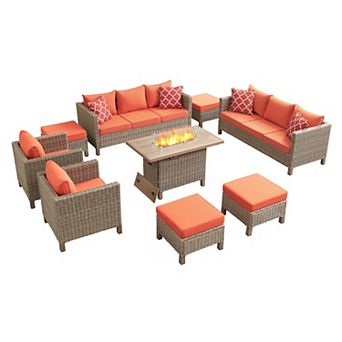 9 pc Outdoor Patio Conversation Set with 55,000 BTU Fire Pit Table