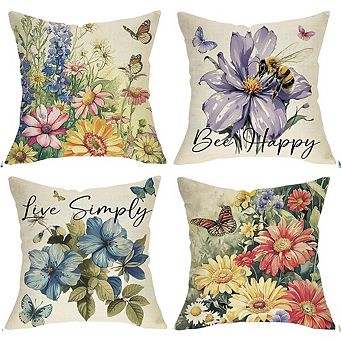 Floral Throw Pillow Covers Set, Farmhouse Butterfly Bee Cushion Cases