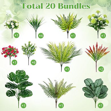 20 Pcs Outdoor Artificial Boston Fern Shrubs UV Resistant