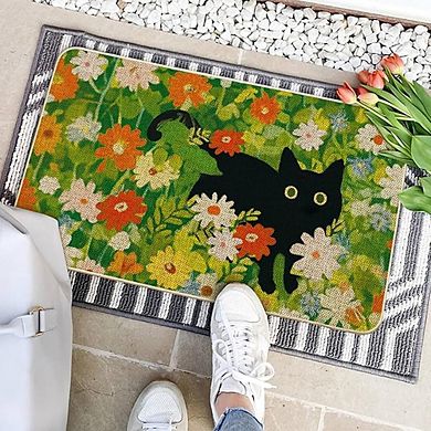 Floral Cat Low Profile Indoor Outdoor Doormat