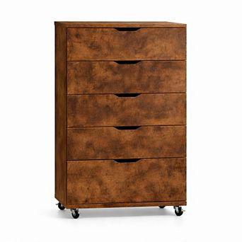 Mobile 5-Drawer Storage Chest with Rolling Wheels and Wood Frame for Bedrooms