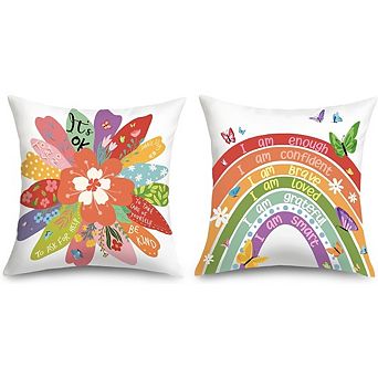 Kids Inspirational Flower Butterfly Throw Pillow Covers Set, Rainbow Decorative Cushion Cases