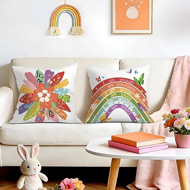 Kids Inspirational Flower Butterfly Throw Pillow Covers Set, Rainbow Decorative Cushion Cases