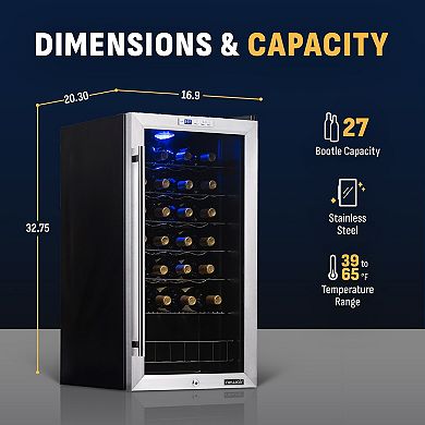 Newair Freestanding 27 Bottle Compressor Wine Fridge with Adjustable Chrome Racks