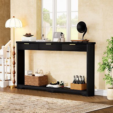 Wavy Pattern Storage Side Table With Drawers, Slim Wooden Console For Entryway Behind Sofa