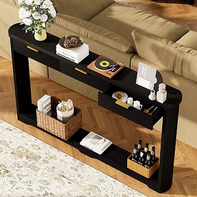 Wavy Pattern Storage Side Table With Drawers, Slim Wooden Console For Entryway Behind Sofa