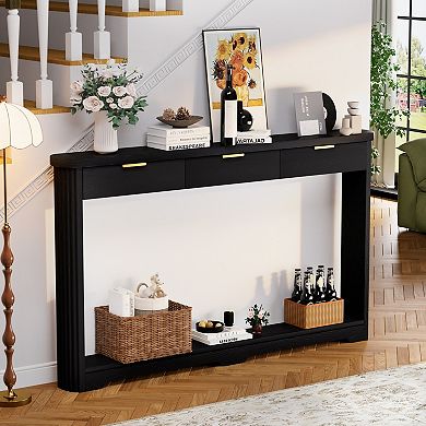Wavy Pattern Storage Side Table With Drawers, Slim Wooden Console For Entryway Behind Sofa