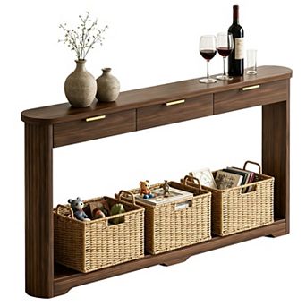 Wavy Pattern Storage Side Table With Drawers, Slim Wooden Console For Entryway Hallway