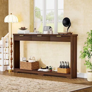 Wavy Pattern Storage Side Table With Drawers, Slim Wooden Console For Entryway Hallway