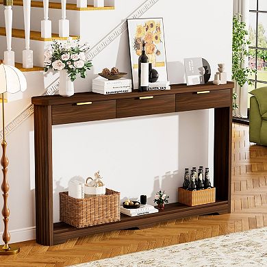 Wavy Pattern Storage Side Table With Drawers, Slim Wooden Console For Entryway Hallway