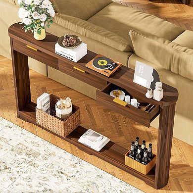 Wavy Pattern Storage Side Table With Drawers, Slim Wooden Console For Entryway Hallway