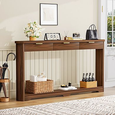 Wavy Pattern Storage Side Table With Drawers, Slim Wooden Console For Entryway Hallway