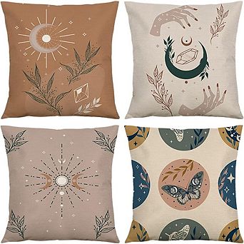 Sun and Moon Throw Pillow Covers Set, Boho Abstract Moth Butterfly Linen Cushion Cases